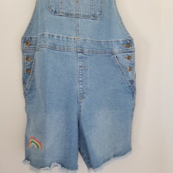 Women's Pride Rainbow Queen Shortall Bib Overalls Denim Light Wash Blue Sz M - Picture 9 of 14